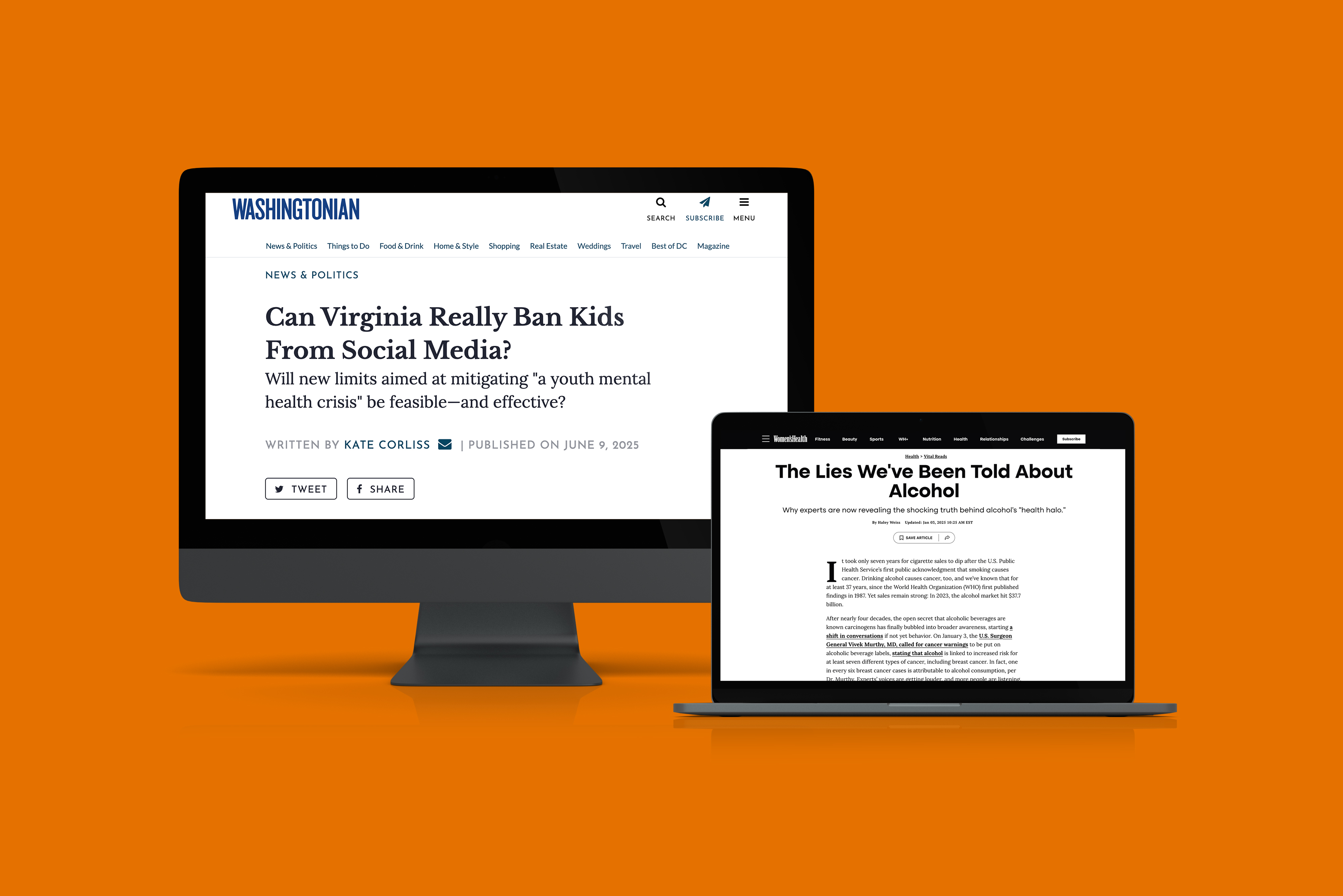 a desktop and laptop computer displaying UVA research in websites the Washingtonian and Women's Health