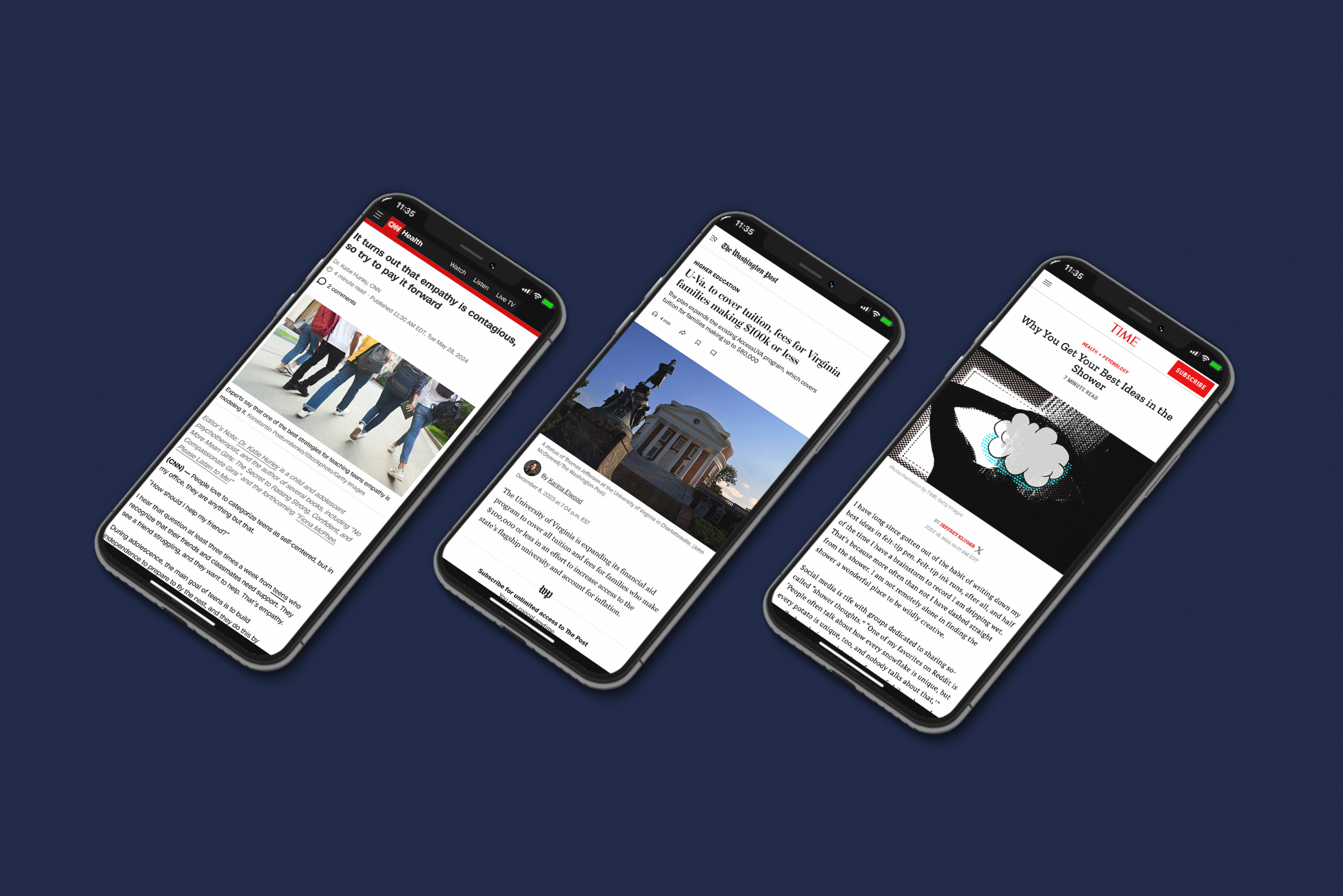 3 mobile devices displaying articles featuring research from UVA written by CNN Health, The Washington Post, and TIME