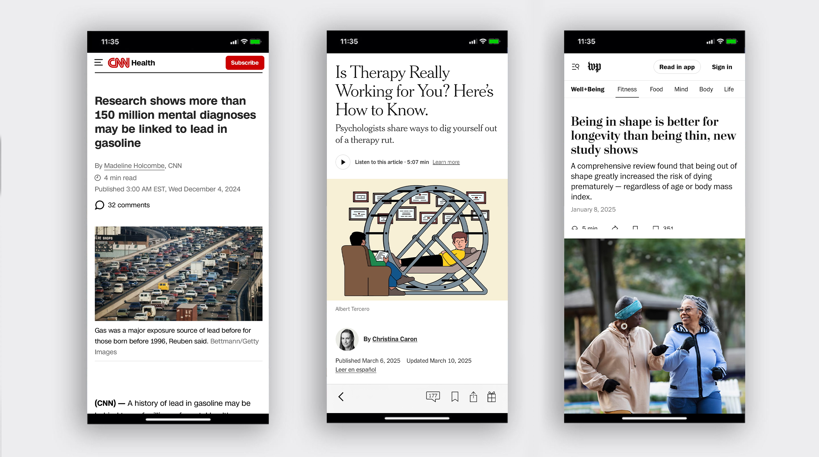 three mobile browsers displaying pages featuring UVA research from CNN Health, the New York Times, and the Washington Post