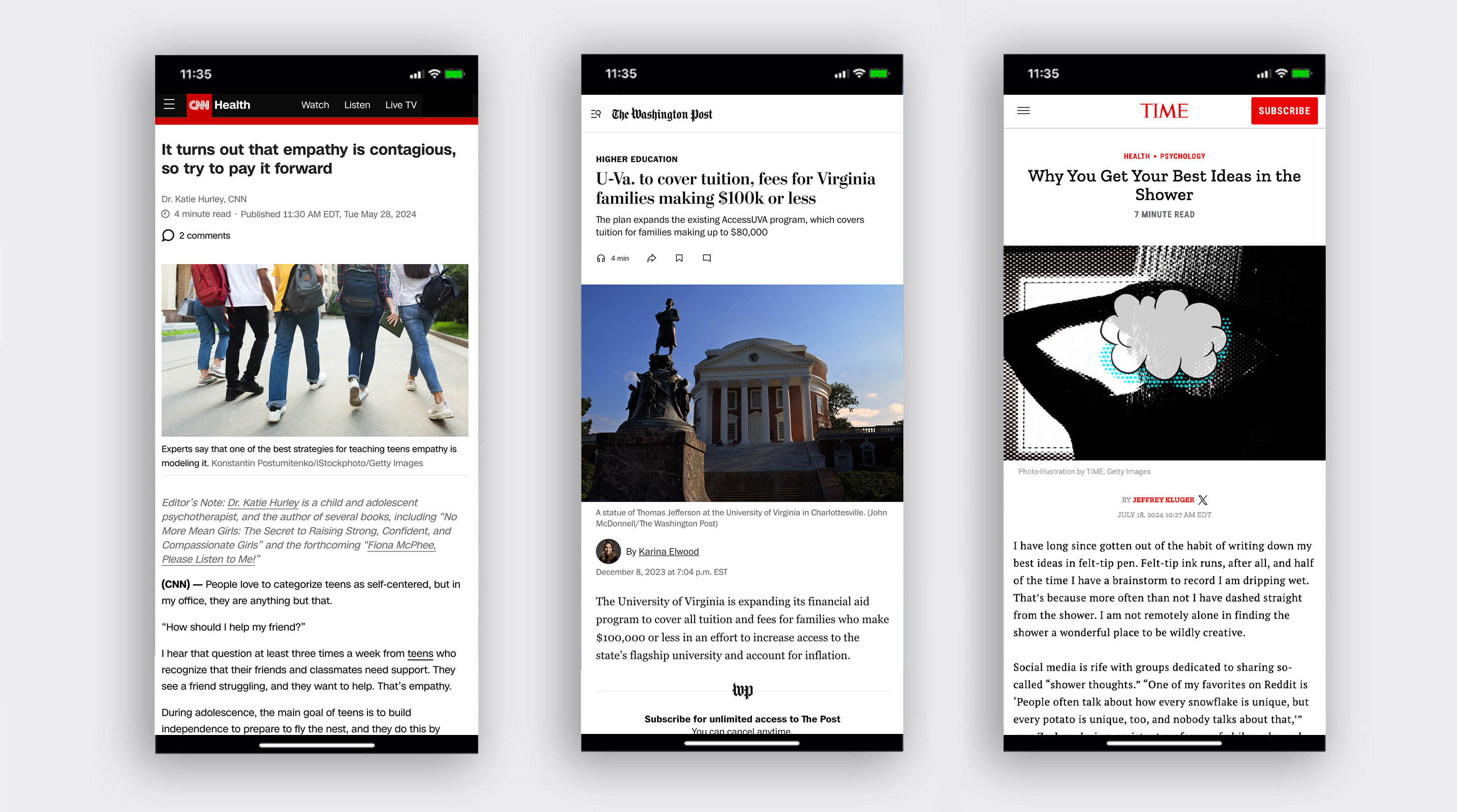 Mobile views of three examples of earned media