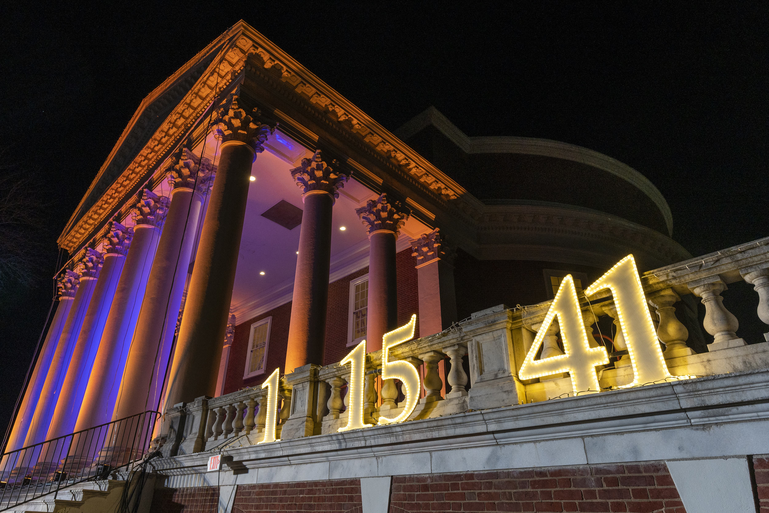 The Rotunda at night with the numbers 1, 15, and 41 as lights
