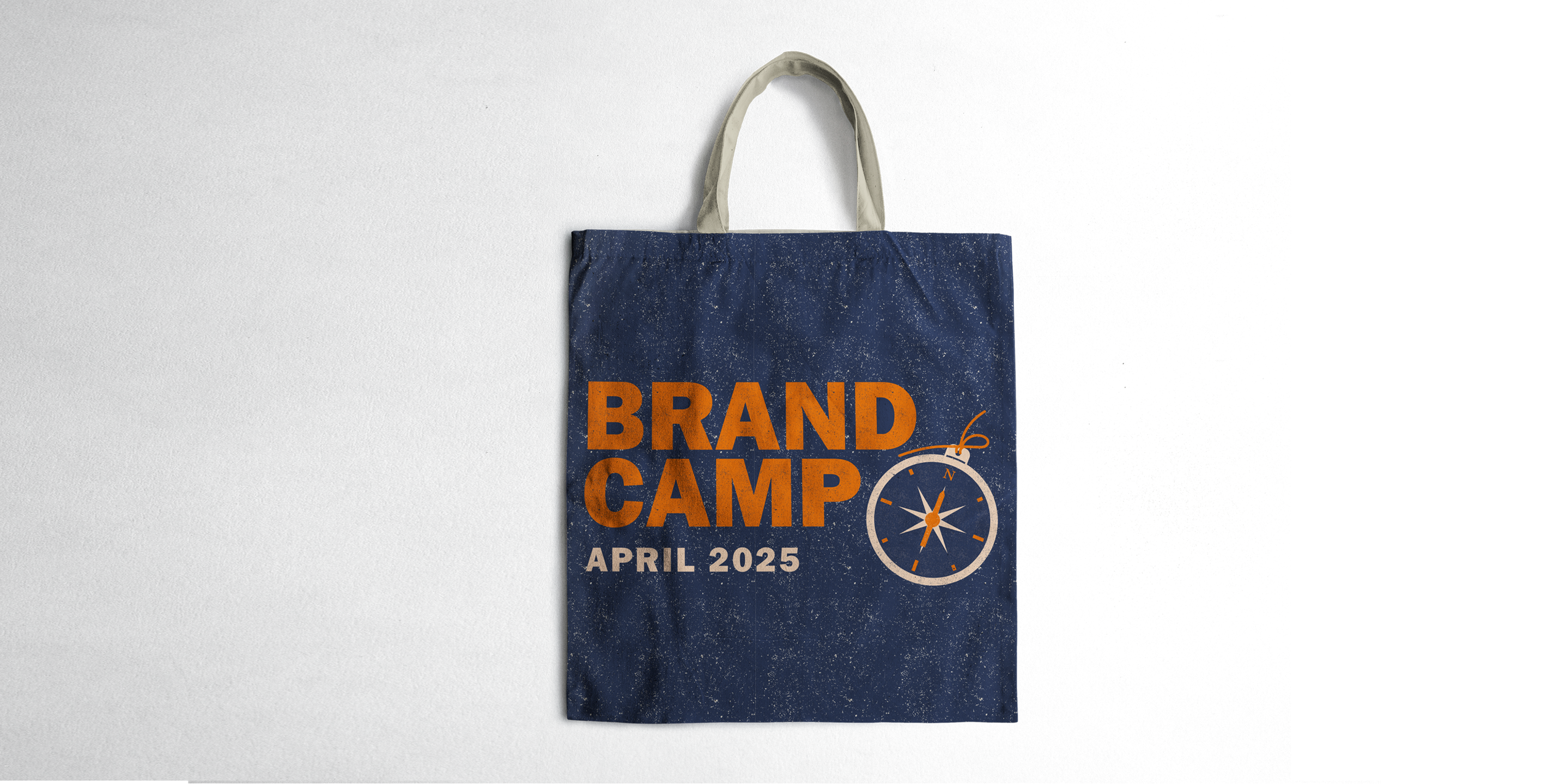 a Brand Camp April 2025 tote bag mockup on a white background