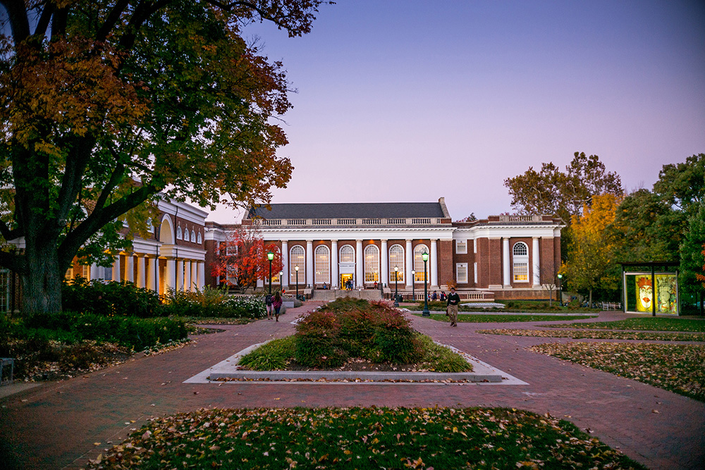 Street view of the UVA Libraries, Albert and Shirley Small Special Collections Library (l) and Alderman Library (r)