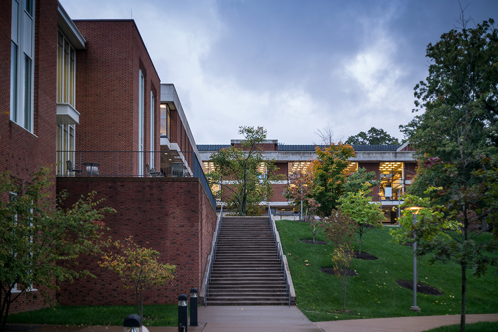 street view of the Betsy and John Casteen Arts Grounds buildings, which included: Ruffin Hall (McIntire Department of Art) (l), Campbell Hall (School of Architecture) (r)