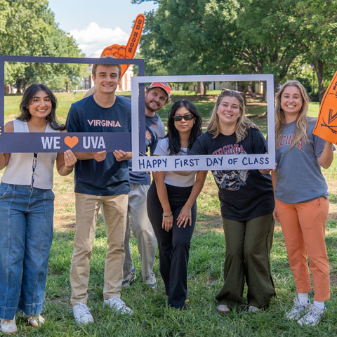 group of University Communications staff posing for photos on the first day of classes 2025