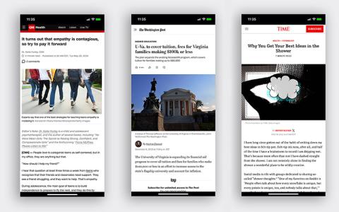 Three examples of earned media coverage, articles about UVA by CNN, Washington Post and Time