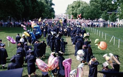 Students processing down the Lawn for graduation, referred to as Final Exercises at UVA