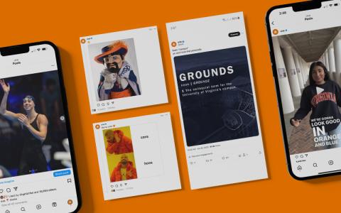 A collection of social media posts laid out on an orange background