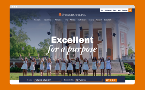 a web browser window displaying the new virginia.edu landing page saying "Excellent, for a purpose" 